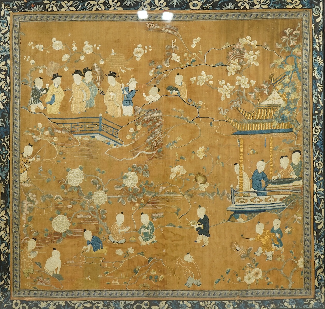 A large Chinese embroidered silk 'boys' panel, 19th century